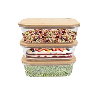 Imagem de kit 3 potes de vidro 1L com tampa de bambu hermético marmita retangulares - Tud