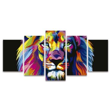 Imagem de Quadro Mosaico Decorativo Leão Abstrato Colorido Fundo Preto 5 Peças -