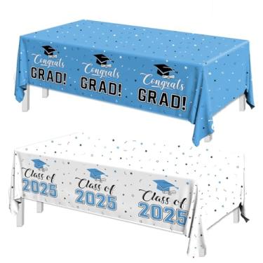 Imagem de 2025 Decorações de graduação, toalha de mesa Congrats Grad 2 peças branco azul-petróleo Class of 2025 capas de mesa retangular para suprimentos de festa de formatura, 274 x 137 cm (azul celeste)