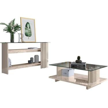 Imagem de Kit Aparador Para Sala E Mesa De Centro Tampo De Vidro Foz Calacata/off White