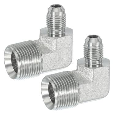 Imagem de PATIKIL Adaptador de tubo de 90 graus, 2 peças 9/40.6 cm macho 37° Flare JIC x 3/10.2 cm BSPT conector macho de aço carbono encaixe de cotovelo para ar fluido hidráulico combustível água óleo, prata