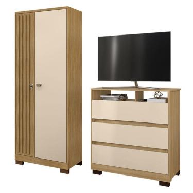 Imagem de Cômoda Vegas 3 Gavetas e Armário Multiuso Versátil com Chave Carvalho Americano Off White - Incorplac