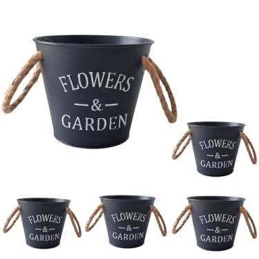 Imagem de Conjunto de 5 Vasos Decorativos Flowers & Garden, para flores e plantas, Plastico Preto, 11 cm, com Alça de Corda