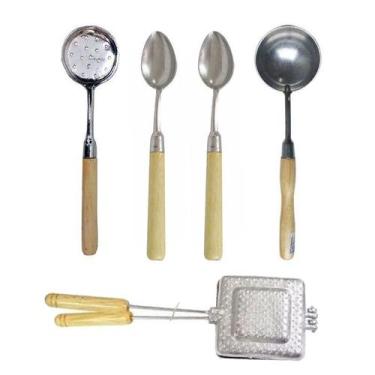 Imagem de Jogo Kit Colheres Com Cabo De Madeira Misteira Torradeira 5 Peças - Ho