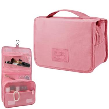 Imagem de Nécessaire de Viagem Multiúso, Organizador com Compartimentos, Gancho para Pendurar, P/Acessórios Cosméticos Maquiagens (Rosa)