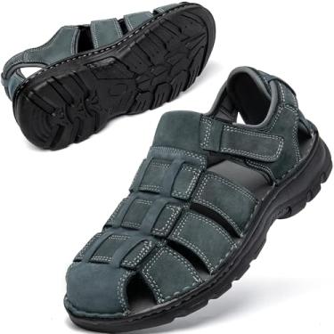 Imagem de KOIMED Sandálias masculinas de couro para caminhada, bico fechado, sapatos aquáticos para o verão, atlético, caminhada, esportes, trilha, pesca, rio, pesca, largo, ajustável, à prova d'água, suporte