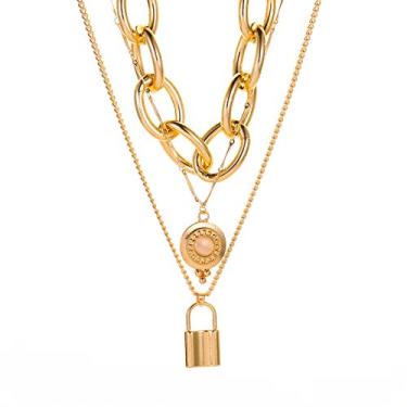 Imagem de ONLYJUMP Colares femininos empilhados com cadeado preto, corrente de coração, grunge, em camadas, grosso, elegante, minimalista, joia com pingente, Large, Zinco, Sem Pedra Preciosa