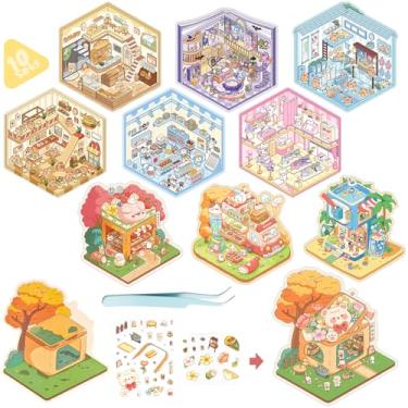 Imagem de 10 Sets DIY 3D House Stickers, Isometric Cozy Room Sticker Therapy for Adults Kids, Cute Animal Scene Puzzle, Build 3D Miniature Room, Stress Relief Pass The Time, Perfect for Crafts Party Favors