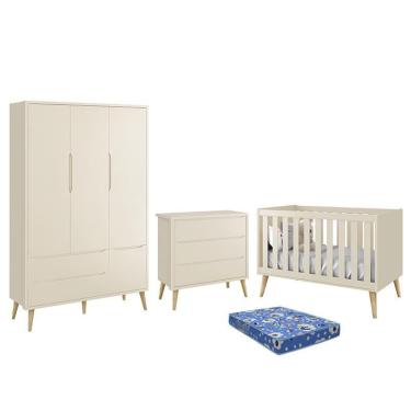 Imagem de Dormitório Infantil Theo Retrô 3 Portas, Cômoda, Berço com Pés Madeira Natural e Colchão - Reller Móveis Areia Fosco