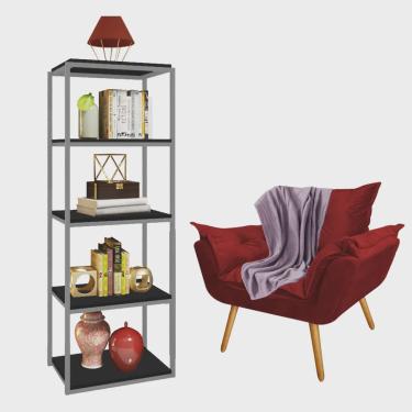 Imagem de Kit Poltrona Fatte com Manta Soft Lilás e Estante Livreiro Ferro Cinza mdf Preto Suede Vermelho - Ahz Móveis
