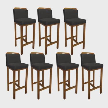 Imagem de Kit 07 Banqueta Alta Com Encosto Zion Cozinha Balcão Bistrô Base Madeira Castanho Suede Cinza - Ahz Móveis