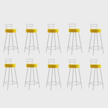 Imagem de Kit 10 Banqueta Alta Com Encosto Tina Eiffel Cozinha Bar Bistrô Ferro Branco Corino Amarelo - Ahazzo Móveis