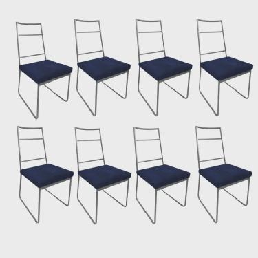 Imagem de Kit 08 Cadeiras Sala de Jantar Escritório Office Stark Industrial Ferro Prata Suede Azul Marinho - Ahz Móveis