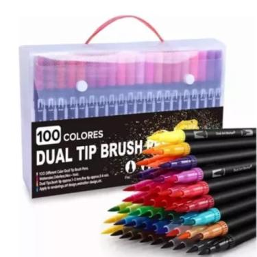 Imagem de Canetas Canetinhas Marcadores com Ponta Dupla, 100 Cores, Kit Profissional para Desenho e Lettering, Uso Escolar