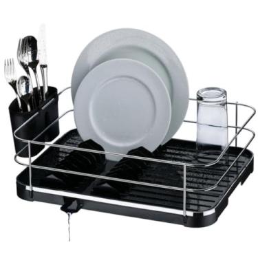 Imagem de Escorredor de Loucas Pratos Talher Copos Com Bico de Escoamento Cozinha Preto Rack Cozinha(Preto/Cromado)