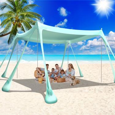 Imagem de Yeenuo Tenda De Praia Com Cobertura Dobrável, Sombra, 3X3 Metros, Abrigo Solar Portátil Proteção Uv Fps 50+, 8 Sacos Areia, 4 Postes Alumínio, 2 Pás Estacas Chão, Bolsa Transporte Para Acampamentos