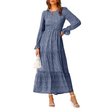 Imagem de BTFBM Vestido feminino casual de manga comprida gola redonda boêmio ajuste relaxado floral solto vestido maxi vestido de coquetel em camadas, Floral azul escuro, G