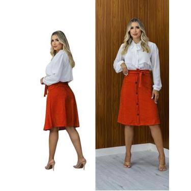 Imagem de Saia Midí Femenino Rodado Jacquard 3D Botão com Laço Cintura Moda Evan