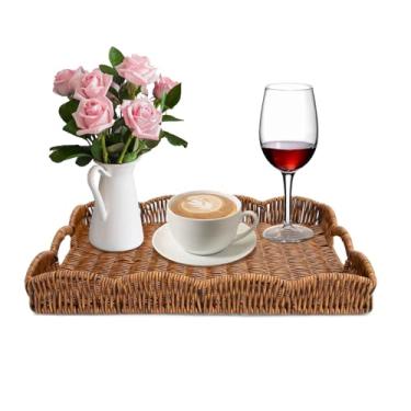 Imagem de Bandeja retangular de vime recortada, bandeja de servir de vime sintético à mão com alças, bandeja decorativa de mesa de centro para decoração de casa rústica moderna boho ou organização (marrom)