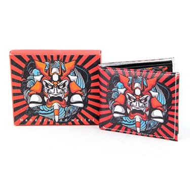 Imagem de Carteira com estampa de anime com caixa de presente combinando | Carteira dupla de couro fina | 2 janelas para identidade e 7 porta-cartões |.., Marrom, Máscara de samurai