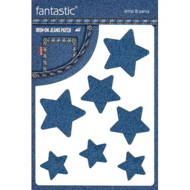 Imagem de Pacote com 7 adesivos jeans com estrela azul índigo para jeans – Reparação durável e remendo decorativo para jaquetas, calças e roupas jeans – Aplique de tecido fácil sem costura