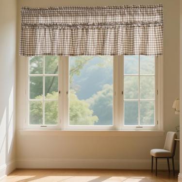 Imagem de Silnuo Taupe/White Plaid Gingham Ruffle Window Valance Farmhouse Checkered Kithchen Tratamento Algodão Lavado Cortina Decorativa Bolso para varão 132 cm L x 45 cm C