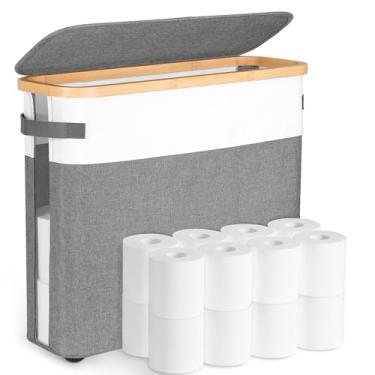 Imagem de Fttoyoly Cesta de armazenamento de papel higiênico com tampa, suporte de rolo de papel higiênico de 32,4 L com armazenamento para lenços de banheiro, organizador de toalhas comporta até 12-16 rolos