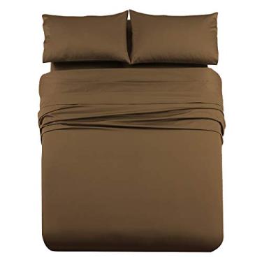 Imagem de Royal Hotel Bedding Jogo de lençol de cama de luxo pesado 1000 fios, 4 peças, material 100% algodão, fresco, durável, macio e respirável, lençol com bolso profundo na Califórnia-King, marrom