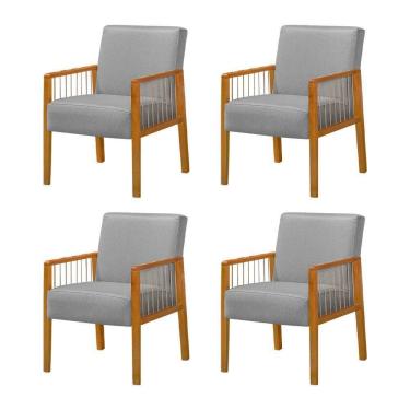 Imagem de Kit 4 Poltronas Decorativa Base Em Madeira Maciça E Corda Náutica Copacabana Linho Cinza - Cinza