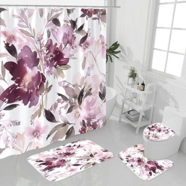 Imagem de Litabel Conjunto de 4 peças de cortina de chuveiro floral em aquarela malva com tapete, tampa de vaso sanitário e tapete de banho, cortinas de chuveiro de flores botânicas para decoração de banheiro