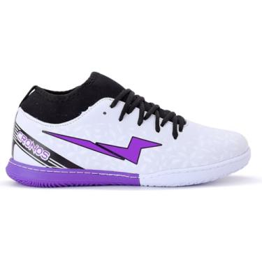 Imagem de Chuteira Futsal Botinha Cronos Masculino Feminino Futebol Quadra Sola Costurada Cano Baixo (Branco/Roxo, BR, Adulto, Numérico, 42)