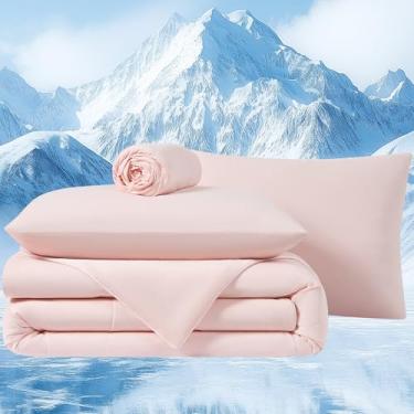 Imagem de Quataly Conjunto de edredom refrescante, tamanho solteiro, luxuoso, macio, sedoso, dupla face, para dormir quente, rosa, 3 peças (edredom + lençol com elástico + fronha)