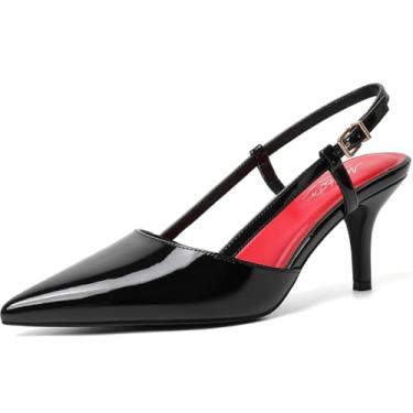 Imagem de Mostrin Salto gatinho Slingback para mulheres, salto médio, couro, bico fino, fechado, stiletto 7,6 cm, sapatos sociais para festas de casamento, Preto, 38