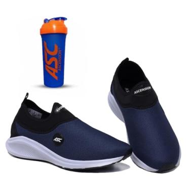 Imagem de Tênis Ortopédico Unissex Tipo Meia Ascension + Coqueteleira Marinho e Laranja | Calce Fácil, Leve, Confortável – Ideal para Caminhada, Academia e Uso Diário (Marinho e Branco, BR, Adulto, Numérico, 34)