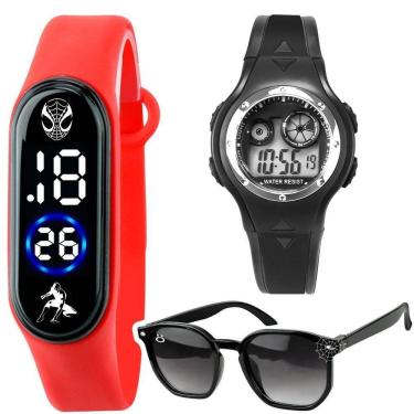 Imagem de Relogio Digital Preto Homemaranha + Oculos Sol Protecao Uv Pulseira Ajustavel Vermelho Resistente