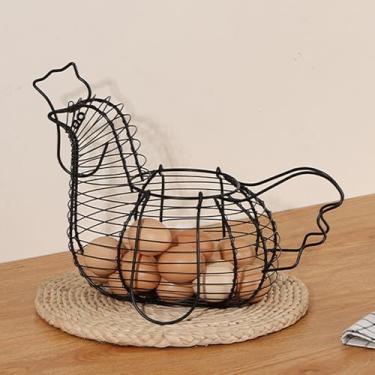 Imagem de Cesta de arame de galinha, cesta de ovo de arame de ferro oco com alça, suporte engraçado para ovos de galinha para casa