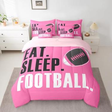 Imagem de Conjunto de edredom de 7 peças, solteiro, rosa choque, rugby, para crianças, meninos, amantes de futebol americano, conjunto de cama macia com edredom, lençóis, fronha, capa de almofada
