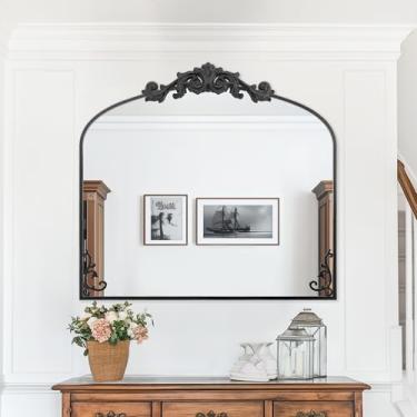 Imagem de Espelho de parede arqueado, moldura esculpida vintage espelho de banheiro 76.2 cm x 91.4 cm moldura de metal antigo preto espelho de parede para quarto, sala de estar, entrada, lareira, corredor