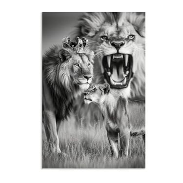 Imagem de SDYJ6GSW Rei Leão sem moldura e rainha com coroa arte de parede preto e branco animais selvagens africanos impressões em tela imagens de arte moderna para sala de estar quarto 75 x 50 cm (30 x 20 pol