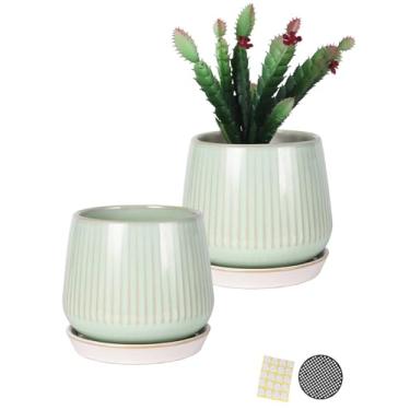 Imagem de TAMAYKIM Vasos de cerâmica de 11 cm com orifícios de drenagem e pires, plantador de flores com bandeja para plantio interno/externo, suculenta, cacto e ervas, verde, conjunto de 2