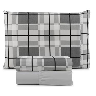 Imagem de Kit Jogo de Lençol Solteiro 3 Peças – Percal 180 Fios 90% Algodão com Elástico Reforçado em Toda a Volta e Estampas Elegantes (XADREZ CINZA)