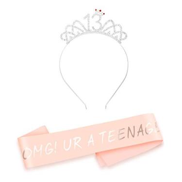 Imagem de HOWAF Faixa de festa de aniversário de 13 anos de ouro rosa, OMG UR, faixa de cetim para adolescentes e tiara de 13 anos, coroa de strass, faixa de cabeça para presente de aniversário de 13 anos,