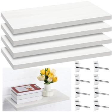 Imagem de Landical Pacote com 4 prateleiras de madeira, prateleiras de slatwall brancas com ganchos de metal, conjunto organizador de acessórios montados para garagem, casa, oficina, bancada de trabalho 59,9 x