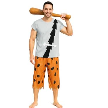 Imagem de Camiseta masculina adulta Bam fantasia de homem das cavernas, roupa com acessório de osso, cosplay da idade da pedra de Halloween, Multicolorido., M