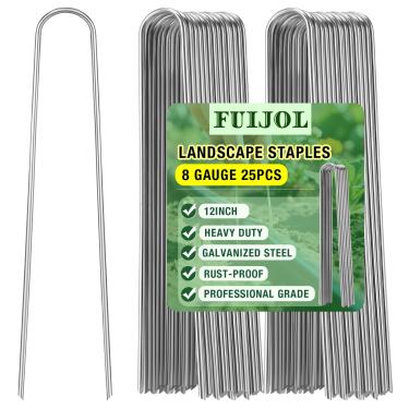 Imagem de Grampos de paisagem de calibre 8, FUIJOL Estacas de paisagem resistentes em forma de U de 30 cm, pacote com 25 grampos de jardim galvanizados para estacas de barreira de ervas daninhas, cobertura do