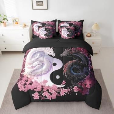Imagem de Feelyou Conjunto de cama king size de dragão Yin Yang conjunto de edredom 7 peças flores de cerejeira dragão vida selvagem antigo casal amante cama em uma bolsa para cama romântica com edredom,
