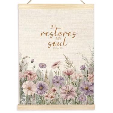Imagem de Ecezatik Cabide de pôster de arte de parede em tela de cristão floral roxo He Restores My Soul, Versículos da Bíblia Salmo 23:3 Escrituras para decoração de parede de escritório em casa, igreja, sala
