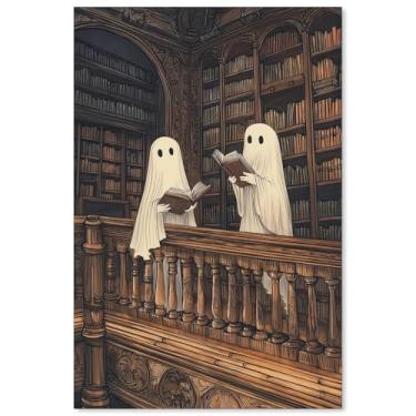 Imagem de Pôster de Halloween da Moody Library Two Cute Ghosts Reading Book Wall Art Vintage Dark Academia Impressões em tela para decoração de parede de quarto Cottagecore 40,6 x 61 cm sem moldura