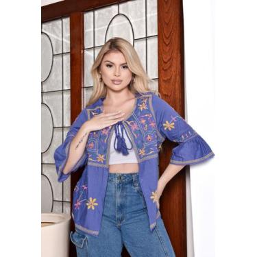 Imagem de Bata Feminina Bordada Frontal Aberta Boho Floral Manga Flare - Deeyaa 