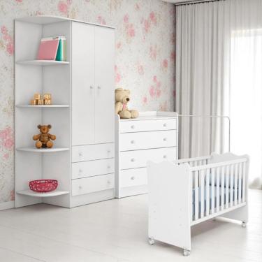 Imagem de Conjunto Infantil Aurora Branco: Berço Aurora + Kit Rodízios + Cômoda Aurora + Guarda-roupa Aurora